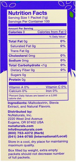 食物，甜味劑，甜葉菊 - NuNaturals, NuStevia, White Stevia Powder, 100 Packets, 3.5 oz (100 g)