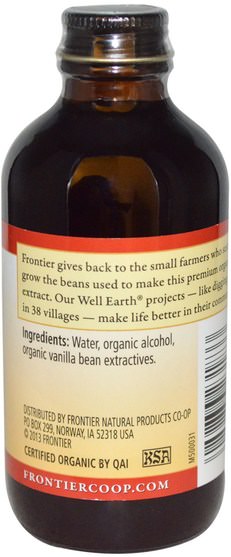 食物，甜味劑，香草精豆 - Frontier Natural Products, Organic Vanilla Extract, 4 fl oz (118 ml)