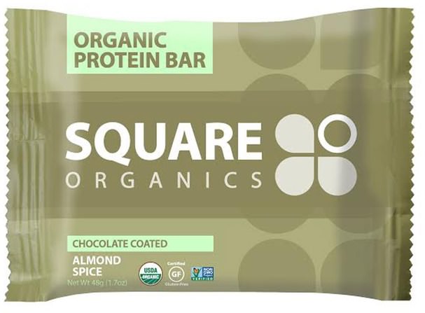 食物，素食，蛋白質棒 - Square Organics, Organic Protein Bar, Chocolate Coated Almond Spice, 12 Bars, 1.7 oz (48 g) Each