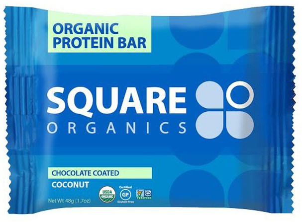 食物，素食，蛋白質棒 - Square Organics, Organic Protein Bar, Chocolate Coated Coconut, 12 Bars, 1.7 oz (48 g) Each