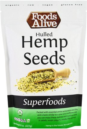 Superfoods, Hulled Hemp Seeds, 8 oz (227 g) by Foods Alive, 補充劑，超級食品，efa omega 3 6 9（epa dha），大麻產品 HK 香港