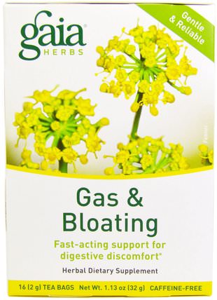 Gas & Bloating, Caffeine-Free, 16 Tea Bags, 1.13 oz (32 g) by Gaia Herbs, 食物，涼茶，健康 HK 香港