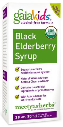 Kids, Black Elderberry Syrup, Alcohol-Free Formula, 3 fl oz (90 ml) by Gaia Herbs, 兒童健康，兒童草藥，感冒和病毒，接骨木（接骨木） HK 香港