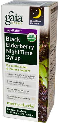 Rapid Relief, Black Elderberry NightTime Syrup, 5.4 fl oz (160 ml) by Gaia Herbs, 健康，感冒和病毒，免疫系統 HK 香港