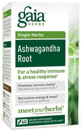 Single Herbs, Ashwagandha Root, 60 Veggie Liquid Phyto-Caps by Gaia Herbs, 補充劑，適應原，感冒和病毒，免疫系統 HK 香港