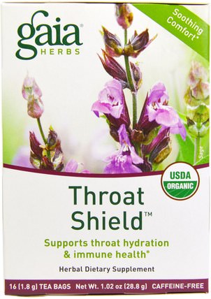 Throat Shield, Caffeine Free, 16 Tea Bags, 1.02 oz (28.8 g) by Gaia Herbs, 食物，涼茶，感冒和病毒，喉嚨護理噴霧 HK 香港