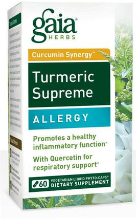 Turmeric Supreme, Allergy, 60 Vegetarian Liquid Phyto-Caps by Gaia Herbs, 補充劑，抗氧化劑，薑黃素 HK 香港