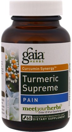Turmeric Supreme, Pain, 60 Vegetarian Liquid Phyto-Caps by Gaia Herbs, 補充劑，抗氧化劑，薑黃素 HK 香港