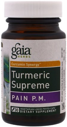 Turmeric Supreme, Pain PM, 30 Vegetarian Liquid Phyto-Caps by Gaia Herbs, 補充劑，抗氧化劑，薑黃素 HK 香港