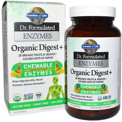 Dr. Formulated Enzymes, Organic Digest +, Tropical Fruit Flavor, 90 Chewables by Garden of Life, 補充劑，消化酶 HK 香港