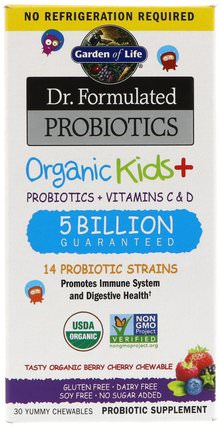 Dr. Formulated Probiotics, Organic Kids +, Tasty Organic Berry Cherry, 30 Yummy Chewables by Garden of Life, 補品，兒童健康 HK 香港