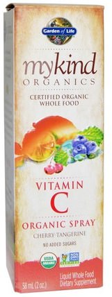 Mykind Organics, Vitamin C, Organic Spray, Cherry-Tangerine, 2 fl oz (58 ml) by Garden of Life, 維生素，維生素C液 HK 香港