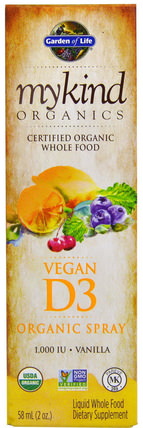 MyKind Organics, Vegan D3, Vanilla Spray, 1.000 IU, 2 oz (58 ml) by Garden of Life, 維生素，維生素D3，維生素D3液體 HK 香港