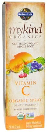 Mykind Organics, Vitamin C, Organic Spray, Orange-Tangerine, 2 fl oz (58 ml) by Garden of Life, 維生素，維生素C液 HK 香港