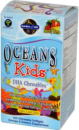 Oceans Kids, DHA Chewables, Age 3 And Older, Berry Lime, 120 Chewable Softgels by Garden of Life, 補充劑，efa omega 3 6 9（epa dha），dha chewable，兒童健康，兒童補品 HK 香港