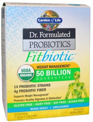 Organic Dr. Formulated Probiotics Fitbiotic, Unflavored, 20 Packets, 0.15 oz (4.2 g) Each by Garden of Life, 補充劑，益生菌，穩定的益生菌，減肥，飲食 HK 香港