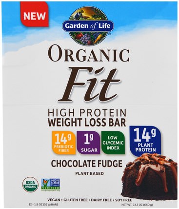 Organic Fit, High Protein Weight Loss Bar, Chocolate Fudge, 12 Bars, 1.9 oz (55 g) Each by Garden of Life, 運動，蛋白質棒，代餐奶昔 HK 香港