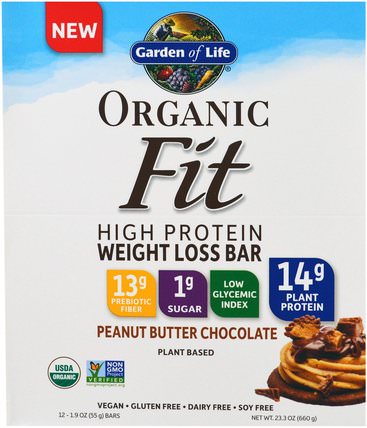 Organic Fit, High Protein Weight Loss Bar, Peanut Butter Chocolate, 12 Bars, 1.9 oz (55 g) Each by Garden of Life, 補充劑，蛋白質棒 HK 香港