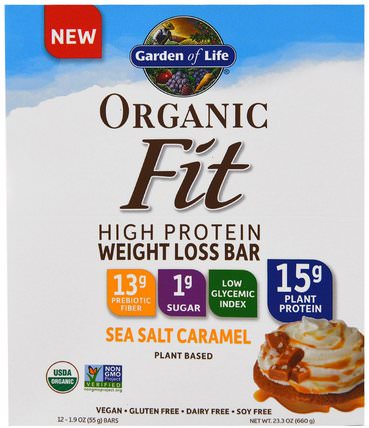 Organic Fit High Protein Weight Loss Bar, Sea Salt Caramel, 12 Bars, 1.9 oz (55 g) Each by Garden of Life, 補充劑，蛋白質棒 HK 香港