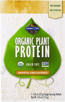 Organic Plant Protein, Smooth Unflavored, 5 Packets, 0.8 oz (23 g) Each by Garden of Life, 補充劑，蛋白質 HK 香港