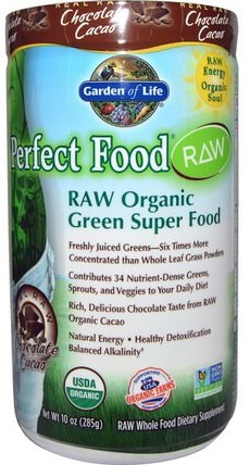 Raw Organic Perfect Food, Green Superfood, Chocolate Cacao, 10 oz (285 g) by Garden of Life, 補品，超級食品，完美的食物 HK 香港