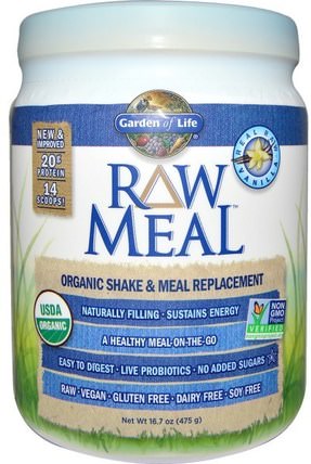 RAW Meal, Organic Shake & Meal Replacement, Vanilla, 16.7 oz (475 g) by Garden of Life, 補充劑，代餐奶昔 HK 香港