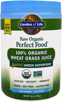 Raw Organic Perfect Food, 100% Organic Wheat Grass Juice, Unflavored, 4.2 oz (120 g) by Garden of Life, 補品，超級食品，完美食品，小麥草 HK 香港