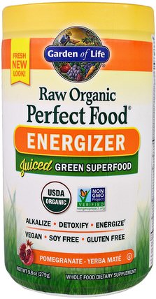 Raw Organic Perfect Food, Energizer, Pomegranate - Yerba Mate, 9.8 oz (279 g) by Garden of Life, 健康，能量飲料混合，補品，超級食品，完美的食物 HK 香港