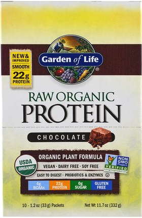 Raw Organic Protein, Organic Plant Formula, Chocolate, 10 Packets, 1.2 oz (33 g) Each by Garden of Life, 補充劑，蛋白質 HK 香港