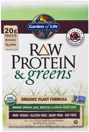 Raw Protein & Greens, Organic Plant Formula, Real Raw Chocolate Cacao, 10 Packets, 1.1 oz (33 g) Each by Garden of Life, 補品，蛋白質，超級食品，綠色蔬菜 HK 香港