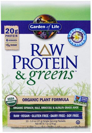 Raw Protein & Greens, Organic Plant Formula, Real Raw Vanilla, 10 Packets, 1.0 oz (27 g) Each by Garden of Life, 補品，蛋白質，超級食品，綠色蔬菜 HK 香港