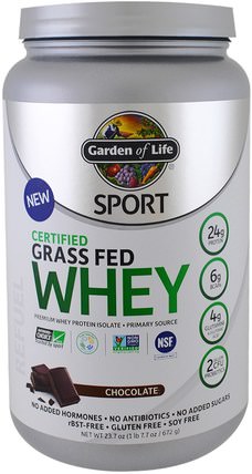 Sport, Certified Grass Fed Whey Protein, Chocolate, 23.7 oz (672 g) by Garden of Life, 補充劑，乳清蛋白，肌肉 HK 香港