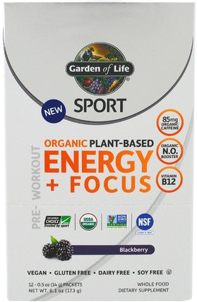 Sport, Organic Plant-Based Energy + Focus, Pre-Workout, Blackberry, 12 Packets, 0.5 oz (14 g) Each by Garden of Life, 運動，鍛煉 HK 香港