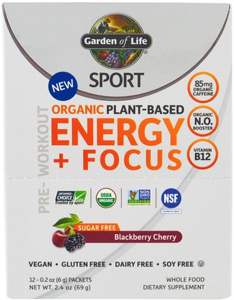 Sport, Organic Plant-Based Energy + Focus, Pre-Workout, Sugar Free, Blackberry Cherry, 12 Packets, 0.2 oz (6 g) Each by Garden of Life, 運動，鍛煉 HK 香港