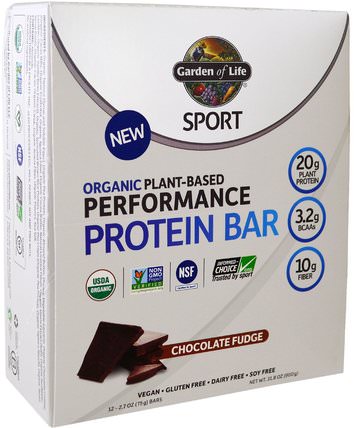 Sport, Organic Plant-Based Performance Protein Bar, Chocolate Fudge, 12 Bars, 2.7 oz (75 g) Each by Garden of Life, 運動，蛋白質棒 HK 香港