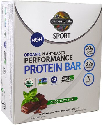 Sport, Organic Plant-Based Performance Protein Bar, Chocolate Mint, 12 Bars, 2.5 oz (70 g) Each by Garden of Life, 運動，蛋白質棒 HK 香港