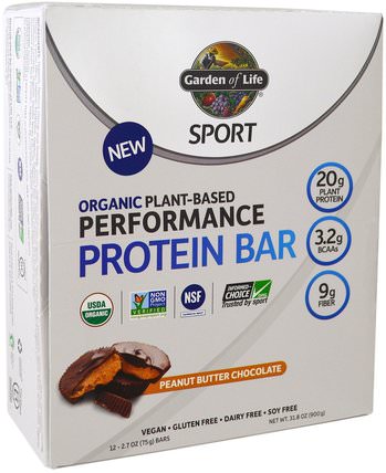 Sport, Organic Plant-Based Performance Protein Bar, Peanut Butter Chocolate, 12 Bars, 2.7 oz (75 g) Each by Garden of Life, 運動，蛋白質棒 HK 香港