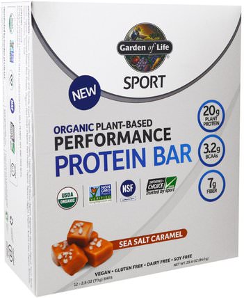 Sport, Organic Plant-Based Performance Protein Bar, Sea Salt Caramel, 12 Bars, 2.5 oz (70 g) Each by Garden of Life, 運動，蛋白質棒 HK 香港