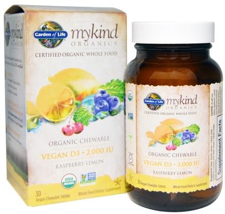 Vegan D3, Organic Chewable, Raspberry-Lemon, 2.000 IU, 30 Tablets by Garden of Life, 維生素，維生素D3 HK 香港