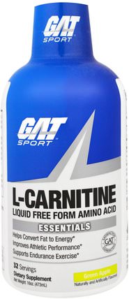 L-Carnitine, Liquid Free Form Amino Acid, Green Apple, 16 oz (473 ml) by GAT, 補充劑，氨基酸，左旋肉鹼 HK 香港