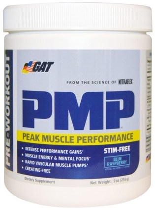 PMP, Pre-Workout, Peak Muscle Performance, Blue Raspberry, 9 oz (255 g) by GAT, 運動，鍛煉，肌肉 HK 香港