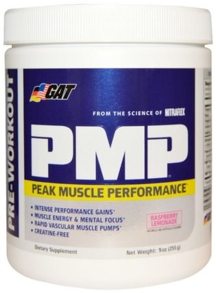 PMP, Pre-Workout, Peak Muscle Performance, Raspberry Lemonade, 9 oz (255 g) by GAT, 運動，鍛煉，肌肉 HK 香港