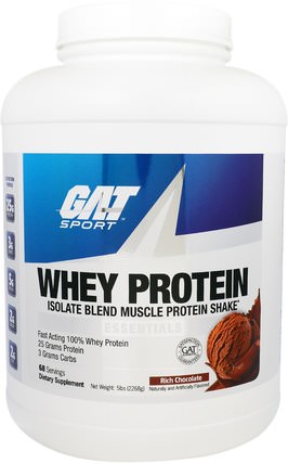 Whey Protein, Isolate Blend Muscle Protein Shake, Essentials, Rich Chocolate, 5 lbs (2268 g) by GAT, 補品，蛋白質，肌肉 HK 香港