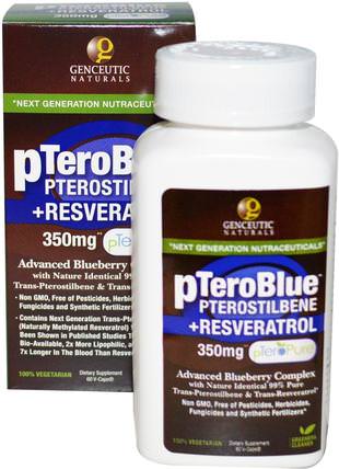 pTeroBlue, Pterostilbene + Resveratrol, 350 mg, 60 V-Caps by Genceutic Naturals, 補充劑，白藜蘆醇 HK 香港
