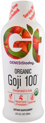 Organic Goji 100, 32 fl oz (946 ml) by Genesis Today, 補充劑，水果提取物，枸杞提取液，枸杞液汁，積極情緒 HK 香港