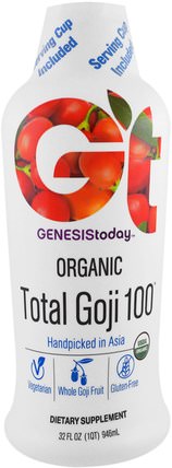 Organic Total Goji 100, 32 fl oz (946 ml) by Genesis Today, 補充劑，水果提取物，枸杞提取液，枸杞液汁，積極情緒 HK 香港