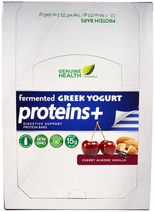 Fermented Greek Yogurt Proteins +, Cherry Almond Vanilla, 12 Protein Bars, 1.94 oz (55 g) Each by Genuine Health Corporation, 運動，蛋白質棒 HK 香港
