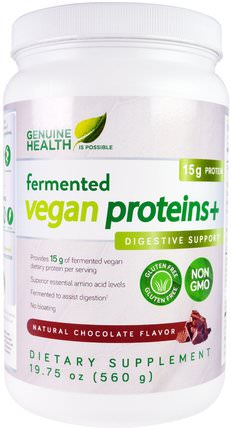 Fermented Vegan Proteins, Digestive Support, Natural Chocolate Flavor, 19.75 oz (560 g) by Genuine Health Corporation, 補充劑，蛋白質 HK 香港
