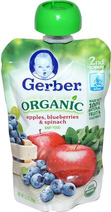 2nd Foods, Organic Baby Food, Apples, Blueberries & Spinach, 3.5 oz (99 g) by Gerber, 兒童健康，兒童食品，嬰兒餵養，食物 HK 香港