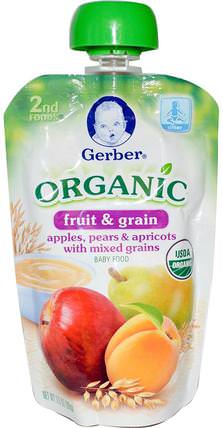 2nd Foods, Organic Baby Food, Fruit & Grain, Apples, Pears & Apricots with Mixed Grains, 3.5 oz (99 g) by Gerber, 兒童健康，兒童食品，嬰兒餵養，食物 HK 香港